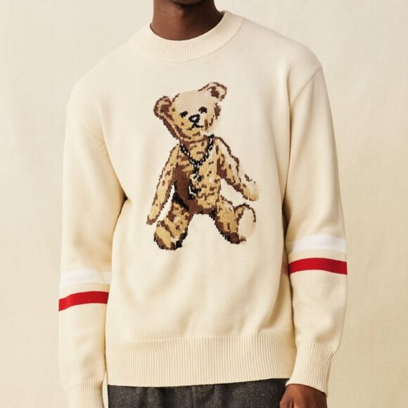 JOYRICH Teddy Bear Preppy Heavyweight Knit Beige Sweater Men's Large - Picture 1 of 11